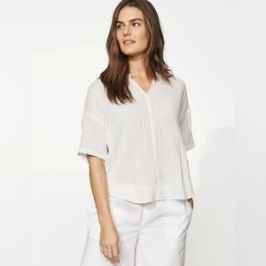 Eileen Fisher Organic Cotton Gauze Striped Stand Collar Top Women’s XXS White